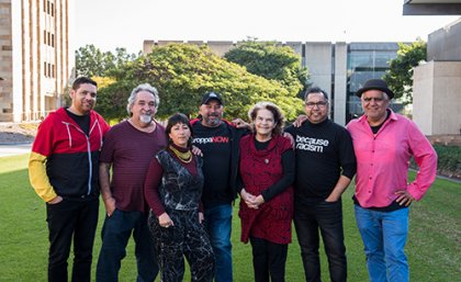 Tony Albert, Laurie Nilsen, Megan Cope, Gordon Hookey, Jennifer Herd, Vernon Ah Kee, and Richard Bell. Photo: Lewis James Media, 2019.